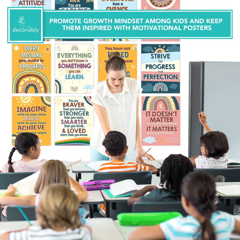 Decorably 15 Boho Rainbow Motivational Classroom Posters, 11x14in Matte-Laminated Inspirational