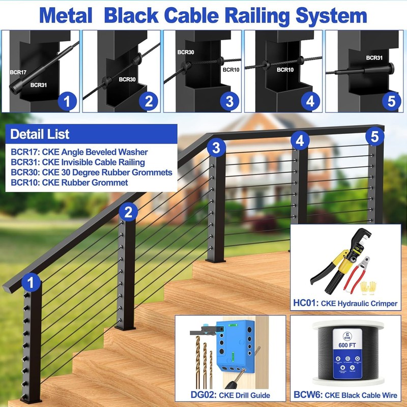 CKE 20 Pack Black Invisible Cable Railing Kits, T316 Stainless
