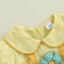 Baby Girls Doll Collar Rompers 3D Flower Decor Plaid Short Sleeve Infant Bodysuits Jumpsuits (Yellow, 0-3 Months)