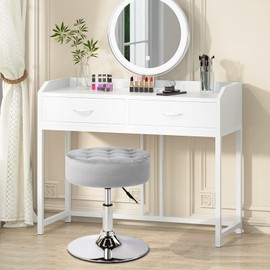 Furniliving Mid-Century Velvet Tufted Adjustable Swivel Makeup Ottoman Stool; Modern Big Size Round Vanity Stool Chair for Bedroom Living Room (LightGrey)