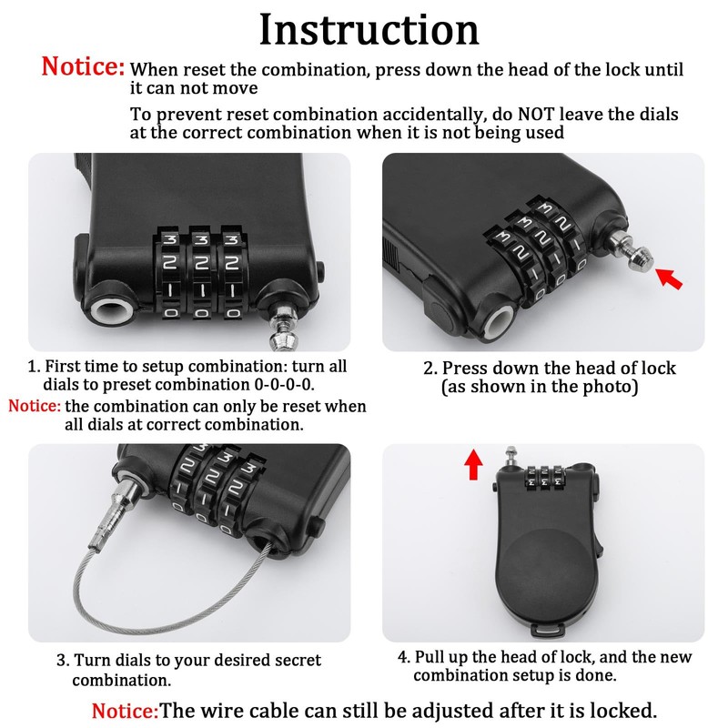 Cable Lock, 2 Pieces Retractable Cable Lock Combination Lock with