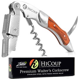 Hicoup Wine Opener - Professional Corkscrews for Wine Bottles w/Foil Cutter and Cap Remover - Manual Wine Key for Servers, Waiters, Bartenders and Home Use - Stainless Steel With Pakka Wood Inlay