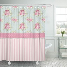ArtSocket Shower Curtain Colorful Cute Shabby Chic Roses and Polka Dots Home Bathroom Decor Polyester Fabric Waterproof 72 x 72 Inches Set with Hooks