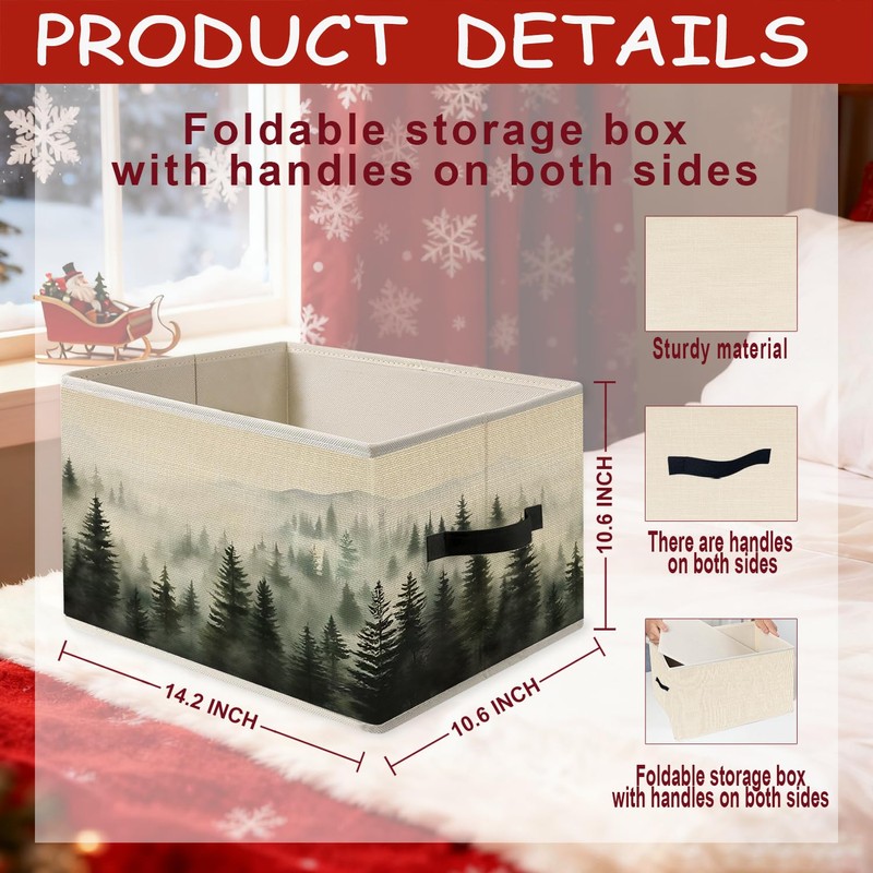 Misty Foggy Mountain Storage Bins, Forest Green Nature Landscape Foldable