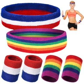 SamHeng 6 Pieces Sweatband Set, Colorful Striped 2 Pcs Sport Headbands and 4 Pcs Moisture Wicking Wristband for Men Women, Sweat Bands for Gym Tennis Football Running Athletic Exercise Fitness