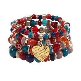ChungLong0593 Bohemia Heart Coin Multilayer Beaded Stretch Bracelets Set Colorful Crystal Glass Beads Summer Elastic Bracelets for Women Beach Holiday-Mix Red