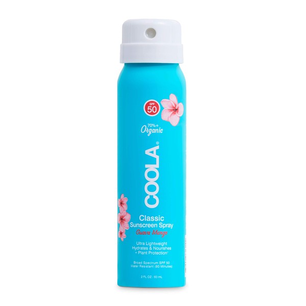 COOLA Organic Sunscreen SPF 50 Sunblock Spray, Dermatologist Tested Skin Care for Daily Protection, Vegan and Gluten Free, Guava Mango, Travel Size, 2 Fl Oz