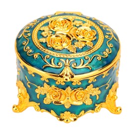 Retro Round Trinket Storage Organizer with Rose Pattern Round Metal Ring Box for Earrings Necklaces Gold Blue