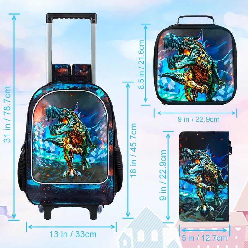 4PCS Rolling Backpack for Boys,Kids Dinosaur Backpacks with Roller Wheels,
