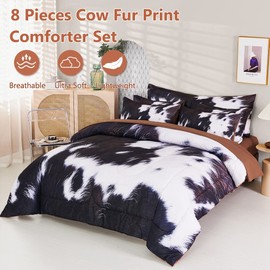 SUCSES Cow Print Bedding Comforter Set Full Size, 8 Pieces Western Farmhouse Style Bedding Set, Highland Rustic Cow Fur Print Bed in A Bag Comforter Set with Sheets (Cow Fur Pattern, Full)