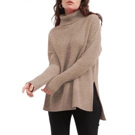 Imily Bela Women's Oversized Turtleneck Jumper, Long Sleeve Tunic Jumper, Loose Fit Winter Sweater, Ribbed Knit Jumper with Side Slit, Dark khaki