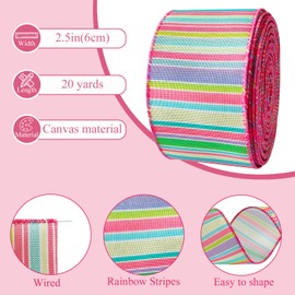 Wired Easter Ribbon 2.5 Inch x 20 Yards,Colorful Canvas Fine Stripes, Sewn Edges Craft,for Spring Wreaths, Gift Bows and DIY Crafts