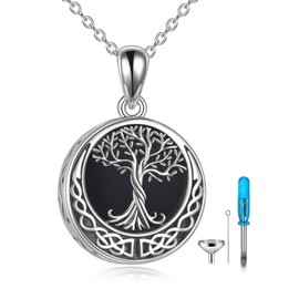 YAFEINI Tree of Life Urn Necklaces for Ashes Sterling Silver Abalone Shell Tree of Life Cremation Jewellery for Ashes Memory Jewellery for Women Men, Sterling Silver, Onyx