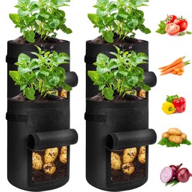JJGoo 4 Pack Potato Grow Bags 15 Gallon with Flap, Heavy Duty Fabric with Handle and Harvest Window, Non-Woven Planter Pot Plant Garden Bags to Grow Vegetables Tomato, Black