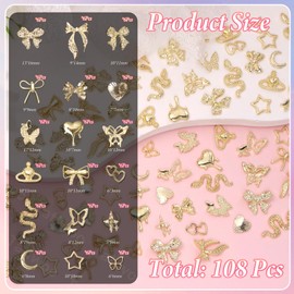 Tatiwoo Gold Nail Charms, Bow Butterfly Crown Heart Snake Cross Moon Nail Y2k Charms, luxury Alloy Golden Charm for Nails Art Supplies