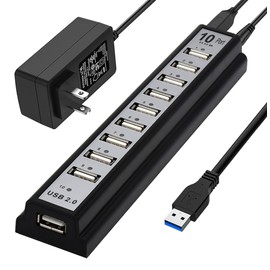 USB Hub 10-Ports, USB Hub Extender Network Splitter Adapter Fast Charging/Data Transfer with Powered, for MacBook, PC, Laptop, Mice, Keyboards