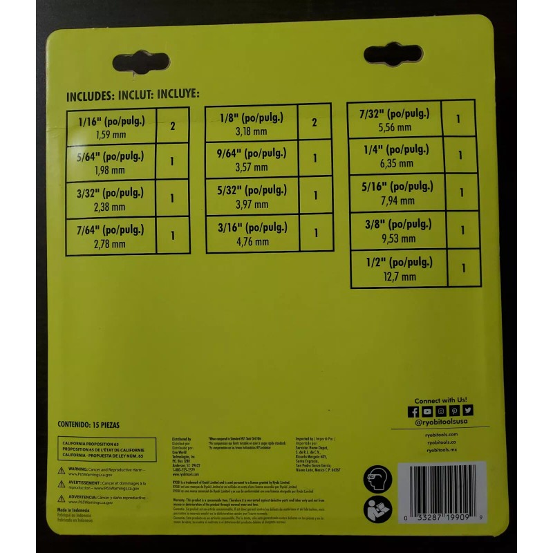 Ryobi 15 PC Hex Shank Black Oxide Drill Bit Set