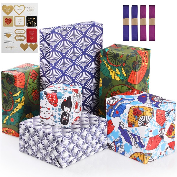 KIKISML Wrapping Paper, Japanese Style Wrapping Paper, 6 Pieces, Large,