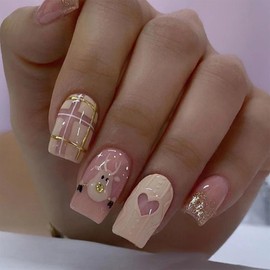 LBPEPAMZ Christmas Press on Nails Medium Square Fake Nails Gold Glitter French Tips False Nails Pink Fawn Plaid Xmas Heart Stick on Nails Winter Cute Full Cover Glossy Glue on Nails for Women 24Pcs