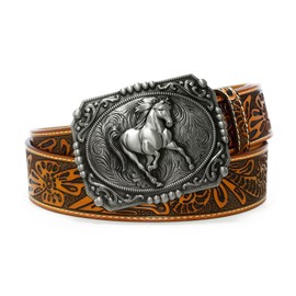 Moranse Belts With Religion Cross Kneeling Prayer & Horse and Bull Styles Western Cowboy Buckle, Nice Horse, 130CM(waistline:44"-46")