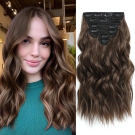 Fliace Clip in Hair Extensions, Natural & Soft Hair & Blends Well Light Brown Hair Extensions, Long Wavy Hairpieces(16inch, 6pcs, Chocolate Brown)