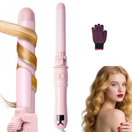 1.1 inch Automatic Curling Wand Rotating Curling Iron for Long Short Hair, Automatic Hair Curler with LED Display, Professional Hair Styling Irons Fast Heating (Pink)