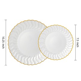 Lullaby 60PCS Pearl White Scalloped Plastic Plates with Gold Rim, Disposable Elegant Plates Include 30pcs Dinner Plate 10.25", 30pcs Dessert Plate 7.5", Perfect for Daily Use, Wedding and Party