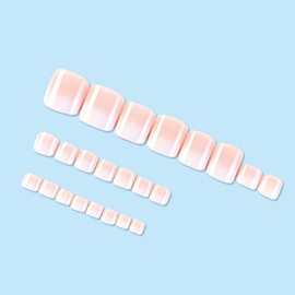 French Press on Toenails Pink White Fake Toenails Short Square False Toenails with Designs Gradient Stick on Toenails Full Cover Glossy Glue on Toenails Spring Summer Artificial Toenails for Women