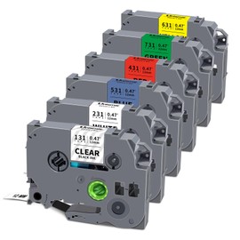 Unismar 6-Pack Compatible for Brother P Touch TZe-231 131 431 531 631 731 TZe TZ Tape 12mm 0.47 Laminated Clear/White/Red/Blue/Yellow/Green for Ptouch PT-D210 D220 H110 D400 D410 Label Maker