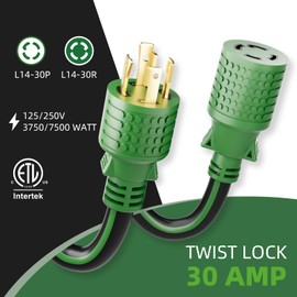 ISLEWIRE 4 Prong 30 Amp Extension Generator Cord 10FT, NEMA L14-30P/L14-30R, 125/250 Volt Up to 7500 Watts, 10 Gauge SJTW Twist Lock Power Cord for Manual Transfer Switch, Black&Green, ETL Listed
