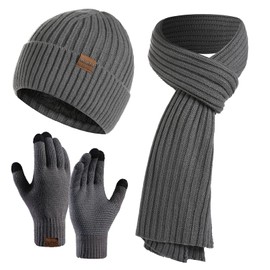 CheChury Hat Scarf Gloves Set for Men Fashion Simple Thicken Warm Fleece Lining Knitted Beanie Cap Slouchy Long Scarf and Touch Screen Gloves Unisex 3 In 1 Set for Daily Use Outdoor Sports