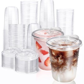 Fit Meal Prep 100 Pack 16 oz Round Bottom Clear Plastic Cups with Strawless Sip Lids, Disposable Iced coffee cups with lids, BPA-Free To Go Cups for Smoothies, Pink Drinks, Party Drinks, Cold Beverage