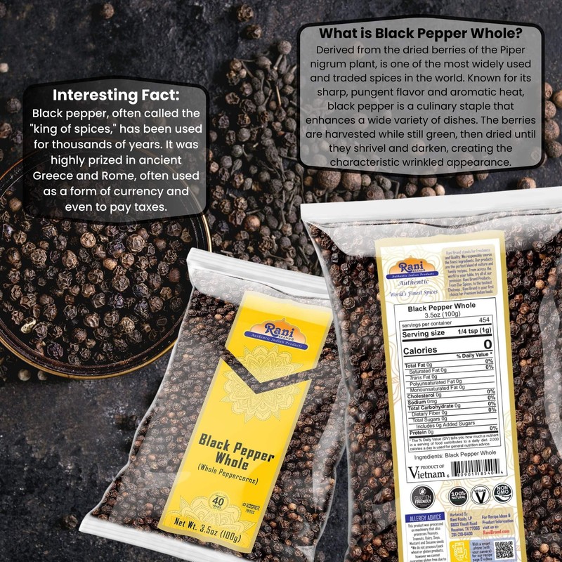 Rani Black Pepper Whole (Peppercorns), Premium MG-1 Grade 3.5oz (100g)