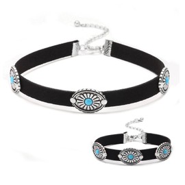 Boho Turquoise Necklace Bracelet Set for Women Leather Turquoise Choker Western Leather Necklace Bracelet for Women Girls