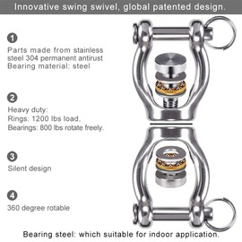 BeneLabel SUS304 Silent Bearing Swing Swivel, Tyre Swing Swivel with 2 Removeable Buckles for Web Tree Swing, Aerial Dance, Swing Yoga Swing Sets, 770 lb Capacity