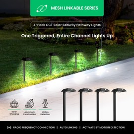 Mesh Linkable Series 4-Pack Solar LED Security Pathway Light w/ LiFePO4 Battery, 300LM, Auto-linking, 110°x16 ft Motion Detection, CCT 3000K/4000K/5000K, 4-Channel Settings, Stainless Steel, Black