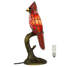 HomeBeauty Cardinal Tiffany Style Accent Table Lamp in Height 14.5" Overall, Handmade Stained Glass Red Bird Lamp for Bedside Livingroom Bedroom Home Decoration (Red Cardinal)