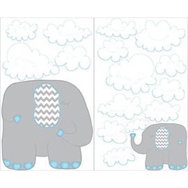 Blue and Grey Elephant Wall Decals Jungle Safari Elephants Wall Stickers with Blue and White Clouds Wall Decals