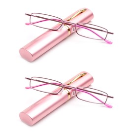 2 Packs Pocket Readers Ultra Slim Compact Reading Glasses Spring Temple w/ Portable Pocket Clip Aluminum Case Pink +3.00