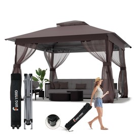 Pop Up Gazebo 11x11 - Outdoor Canopy Tent with Mosquito Netting & Wheeled Carry Bag, Double Roof Gazebos for Backyard Party Garden Wedding Camping (Brown, 11x11)