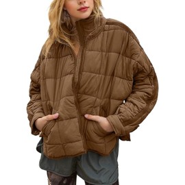 Omoone Women's Quilted Puffer Jacket Zip Up Oversized Lightweight Padded Down Coat Outerwear(3877-Brown-L)