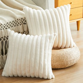 Joyouth Pack of 2,Double-Sided Faux Fur Plush Decorative Throw Pillow Covers Fuzzy Striped Soft Pillowcase Cushion Covers for Sofa Couch Bedroom White 16x16 inch