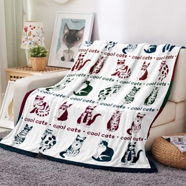 Cat Throw Blanket - Cute Animal Pattern, Soft Flannel Fleece, Cozy Fuzzy Plush, Lightweight Decorative, Cool Cats Vintage Funny Kitten Blanket for Sofa Bed Couch, 60" X 80"