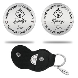 Remifala Funny Cute Baby Stainless Steel Double Sided New Parents Decision Coin with PU Leather Keychain for Mom Dad Baby Shower, First Time to be Moms Dads Mother's Day Father's Day Gifts, Silver