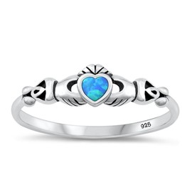 Blue Simulated Opal Mini Celtic Claddagh Ring New .925 Sterling Silver Band Size 7