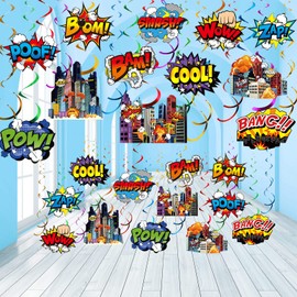 Sumind 54 Pcs Hero Themed Party Decorations, Fun Hero Theme Party Sign Cutouts Foil Ceiling Hanging Swirls Streamers for Kids Adults Birthday Celebrating Baby Shower Supplies(Cute)