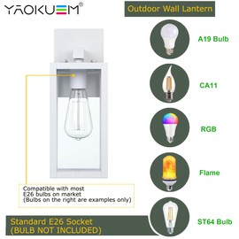 YaoKuem Outdoor Wall Lantern, Wall Sconce as Porch Lighting Fixture, E26 Medium Base, Metal Housing Plus Glass, Bulbs not Included, White Finish, 1-Pack