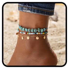 Fashband Boho Layered Anklets Turquoise Beaded Ankle Bracelets Sequins Beach Foot Chain for Women