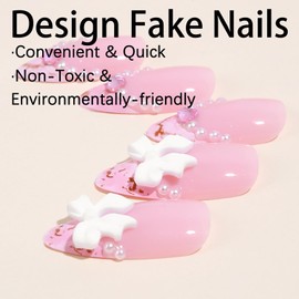 Press on Nails Almond Pink 24Pcs Glossy Full Cover Acrylic French Tips Medium False Nails with Pearl Bow Designs Artificial Almond Fake Nails with Charm Glue Stick on Fingernails for Women Girls