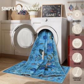 Area Rug 4x6 Rug Washable Boho Rugs Non Slip Low Pile Floral Small Carpet for Bedroom, Bedside, Kids Room, Office, Dining Room(4 x 6, Blue Lawn)